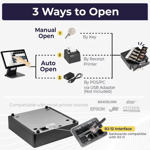 Miniatura 4 de Volcora Cajón de caja registradora para sistema de punto de venta (POS) con esquina redonda de 13 pulgadas, bandeja extraíble para monedas, 4 Negro