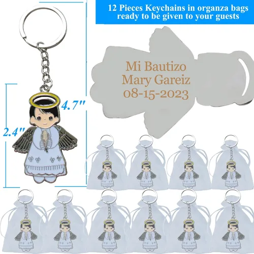 Miniatura 2 de Regalo personalizado de primera comunión (12 piezas) - Llavero de metal de niño ángel blanco, regalo de bautizo para invitados con grabado/bautismo