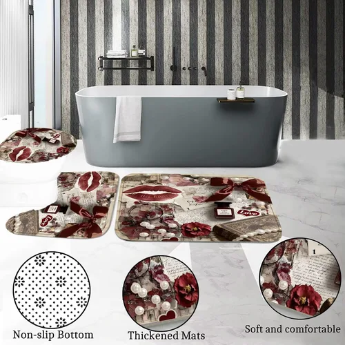 Miniatura 5 de DDQQ Juego de 4 cortinas de ducha sexy para mujer, con lazo de perlas, juego de decoración de baño de flores rojas a la moda, juego de cortinas