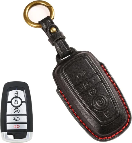 Miniatura 10 de Funda de cuero para llave de auto para Ford F-150 Mustang, llave inteligente con mando a distancia, funda de 5 botones, color negro