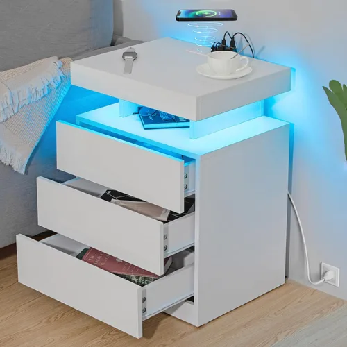 Miniatura 17 de HOMMPA Mesita de noche negra con estación de carga inalámbrica, mesita de noche de alto brillo con 3 cajones, mesa auxiliar con carga USB tipo C