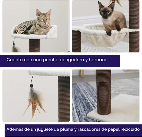 Miniatura 7 de Catry Nirvana Árbol para gatitos de 3 niveles con perca de felpa, hamaca suave y postes rascadores de cuerda de papel, muebles minimalistas