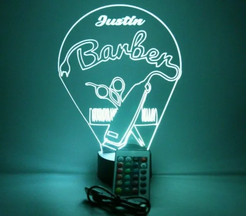 Miniatura 2 de Barbería peluquería corte peine silla tijeras afeitado hombres noche luz LED grabado personalizado nombre personalizado escritorio lámpara de mesa