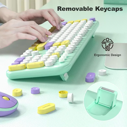 Miniatura 140 de KNOWSQT Combo de teclado y ratón inalámbrico, teclados lindos de tamaño completo estilo máquina de escribir 2.4G azul colorido - receptor USB Plug