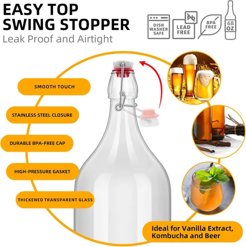 Miniatura 6 de Botella de vidrio abatible de 64 onzas con tapa abatible de 2 litros con tapón para bebidas, aceite, vinagre, kombucha, cerveza, agua, refrescos