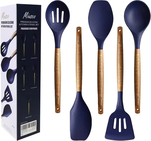 Juego de utensilios de cocina de silicona antiadherente con mango de madera dura de acacia natural, 5 piezas, azul medianoche, sin BPA, utensilios