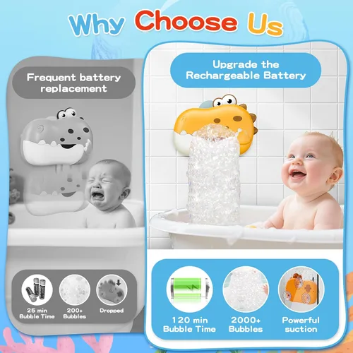 Miniatura 4 de Juguetes de baño para bebés de 1 a 3 4 a 8 años, máquina recargable de burbujas de baño de dinosaurio con música para niños pequeños, juguetes