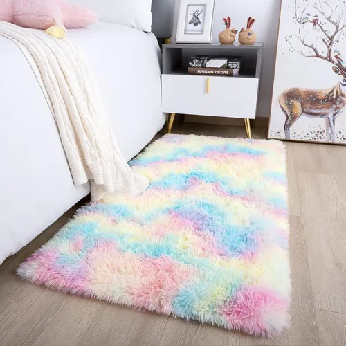 Miniatura 108 de Noahas - Alfombra suave y afelpada para habitación de niña y sala de estar, colorida, decoración para guardería, teñido anudado arcoíris, azul
