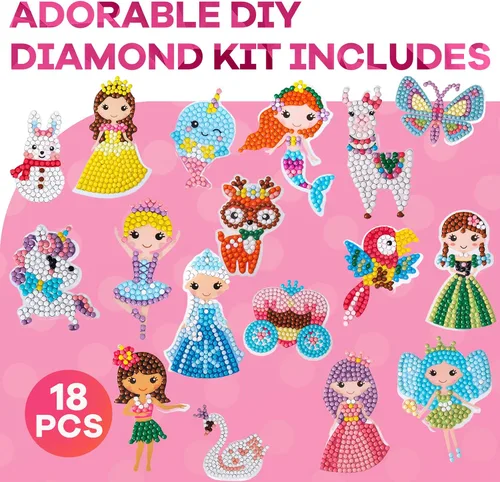 Miniatura 5 de Cymbana Kits de pintura de diamantes para niños, 18 piezas de calcomanías de arte de gemas de princesa y su amigo para niños de 6 a 8 a 12 años