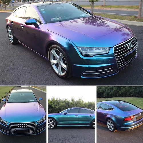 Miniatura 12 de Vinilo adhesivo de coche de color morado metálico brillante a azul camaleón, cinta adhesiva de película adhesiva de liberación de aire