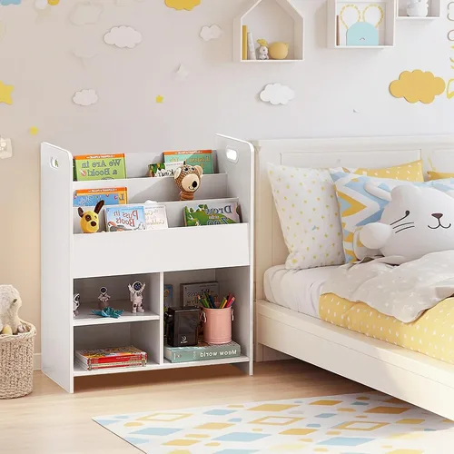 Miniatura 4 de VECELO Estantería para niños, 2 en 1 con estantes y 3 cubos de diferentes tamaños, organizador de madera para almacenamiento de juguetes para Blanco
