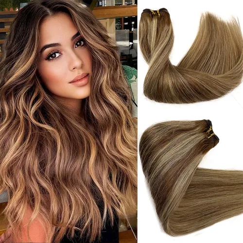 Miniatura 20 de Extensiones de cabello humano real con trama cosida, atadas a mano, color rubio ceniza a rubio con reflejos, extensiones cosidas con trama