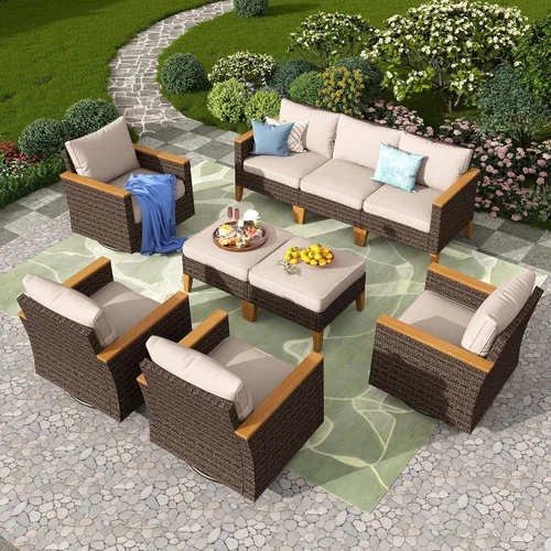 Miniatura 11 de PHI VILLA Otomana de mimbre para patio, 2 piezas, asiento otomano de mimbre para todo tipo de clima, reposapiés para exteriores con cojines