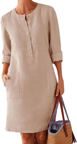 PHILISENMALL Vestido corto de cuello redondo para mujer, estilo vintage, casual, cuello redondo, color sólido, ideal como regalo para niñas y mujeres