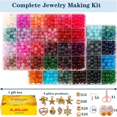 Miniatura 2 de Cuentas de vidrio para hacer joyas, 1300 piezas + 0.315 in + 0.315 in, 48 colores, cuentas redondas de cristal para hacer pulseras, kit