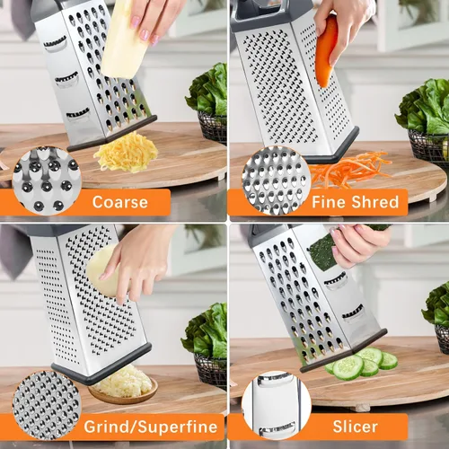 Miniatura 3 de Rallador de caja, rallador de queso de acero inoxidable de 4 caras con asa, rallador de alimentos para cocina, rebanador de queso para alimentos