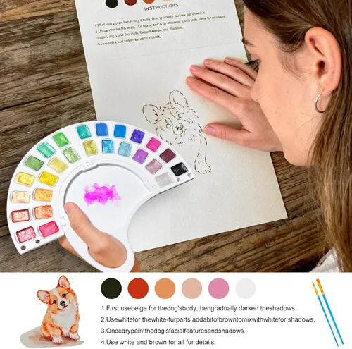 Miniatura 3 de Libro de trabajo de acuarela, libro para colorear al agua con 13 páginas de papel de 300 GSM, juego de pintura de acuarela de 26 colores con pincel