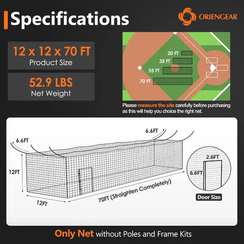Miniatura 2 de ORIENGEAR Baseball Batting Cage Nets, ONLY NET, 70'L/55'L/35'L/20'L Baseball and Softball Cage Netting, 1.88" #45 Mesh, Professional Fully Enclosed