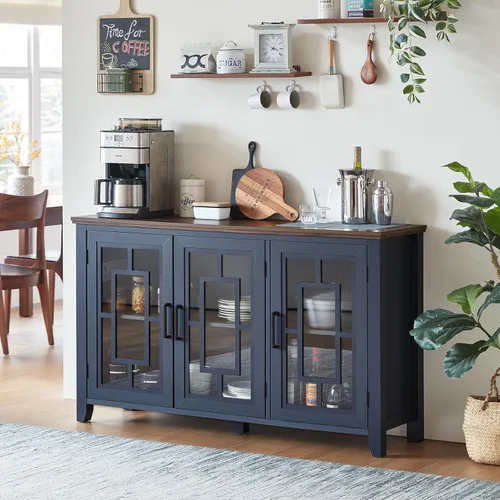 Miniatura 21 de Aparador Grande Buffet con Almacenamiento, 32" Mueble de Cocina Estilo Granja Azul Marino para Café y Vino con 2 Puertas de Vidrio, Mesa Aparador