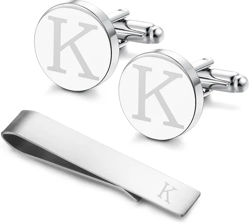 Miniatura 27 de LOYALLOOK - Gemelos de acero inoxidable grabados con inicial y clip de corbata, diseño de letras del alfabeto con caja de regalo, A-Z