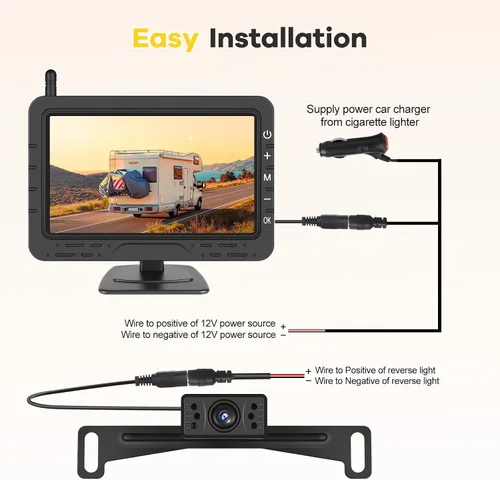 Miniatura 6 de Kit de cámara de respaldo inalámbrica y monitor Hikity, cámara de visión trasera de 4.3 pulgadas, impermeable IP68, visión nocturna, pantalla