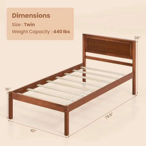 Miniatura 2 de KOMFOTT Marco de Cama de Madera Tamaño Twin con Cabecero, Marco de Cama de Madera Maciza con Soporte de Listones, Almacenamiento Debajo de la Cama
