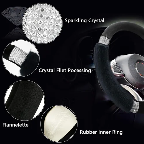 Miniatura 5 de Achiou - Funda de volante esponjosa con diamantes de imitación, cómoda lana sintética de lujo antideslizante, ajuste universal para volantes de 14.5