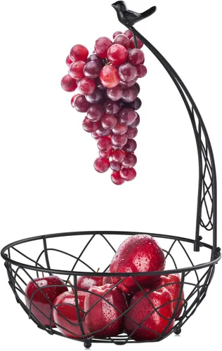 Miniatura 5 de Buruis Cesta de frutas con colgador de plátanos, contenedor de frutas con diseño moderno de pájaros, cesta de mesa creativa para encimera de cocina