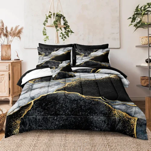 Miniatura 8 de Merryword - Juego de edredón de mármol negro, tamaño individual, 6 piezas, ropa de cama en una bolsa, diseño de mármol metálico dorado con 1