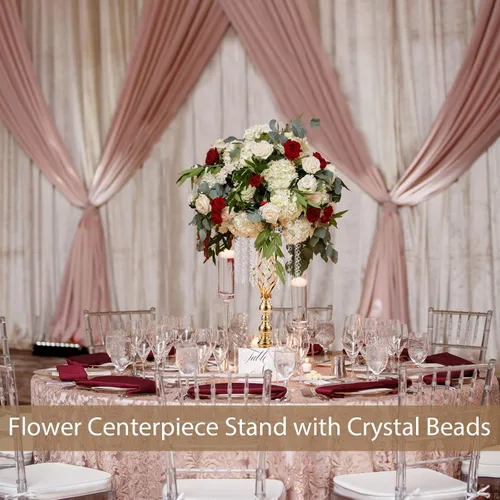 Miniatura 4 de Sziqiqi - Centro de mesa elevado floral dorado para mesa de boda de 21.7 pulgadas de altura con centros de mesa de flores de cristal y cuentas