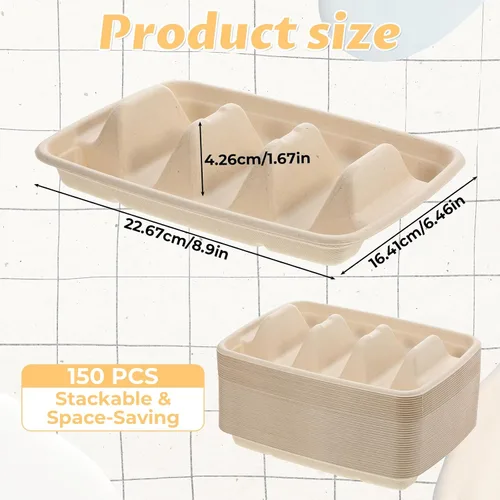 Miniatura 2 de 150 soportes desechables para tacos para fiestas, platos de taco de pulpa de bagazo de primera calidad, platos de tacos con 3 divisores, soporte
