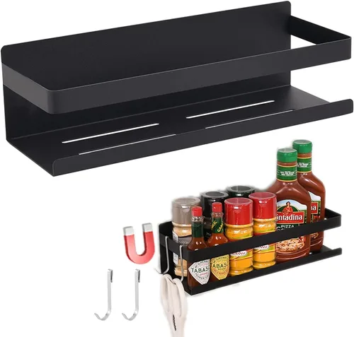 Miniatura 10 de Estante de especias para refrigerador, cocina, hogar, organización y almacenamiento adhesivo (paquete de 2, negro)