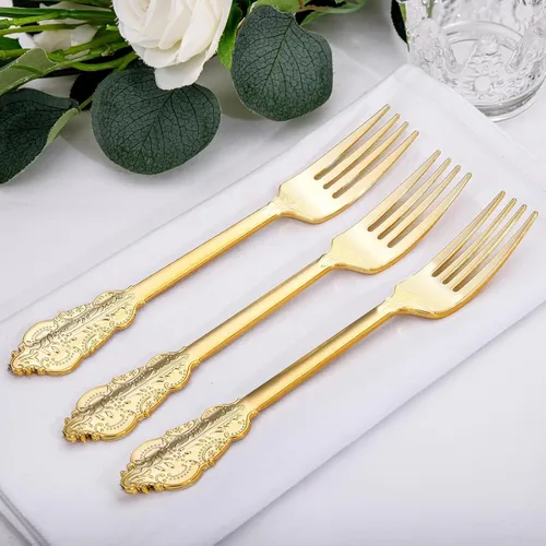 Miniatura 3 de WDF 100 tenedores dorados desechables, tenedores de plástico dorado de 7.48 pulgadas, cubiertos de plástico barroco para pastel de postre