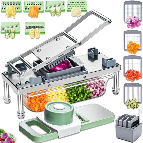 Picador de verduras de acero inoxidable, picador de verduras con 10 cuchillas, cortador de cebolla con contenedor, cortador de alimentos y rallador