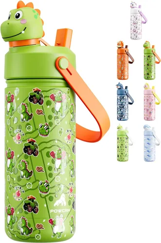 Miniatura 18 de POWCAN 12 oz Insulated Water Bottle for School: 2-in-1 Straw Spout Lid with Soft Animal Head, BPA-Free, Leakproof, Keep Cold 24H, Easy Carry