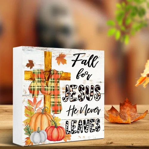Miniatura 5 de LVQHI Letreros de madera de otoño con texto en inglés «Fall for Jesus He Never Leaves» con cruz de calabaza para el hogar, dormitorio, oficina, Caer