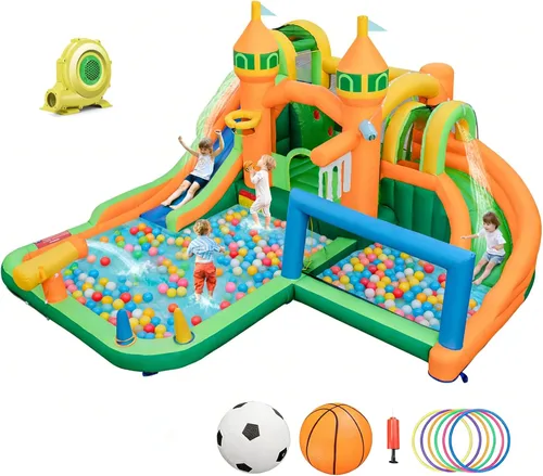 Miniatura 15 de BOUNTECH Tobogán acuático inflable, parque acuático para niños, castillo de salto de fútbol acuático con cañones dobles, piscina de salpicaduras