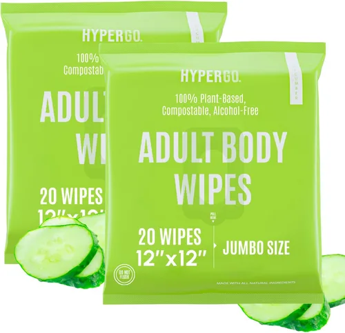 Toallitas corporales HyperGo XL para mujeres y hombres – 30.5 cm x 30.5 cm Toallitas de limpieza corporal completas sin enjuague, 2-20 unidades por