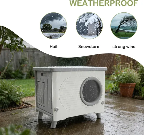 Miniatura 2 de Casa para gatos al aire libre resistente a la intemperie con puerta de escape, refugio aislado de plástico resistente para gatos, casa elevada
