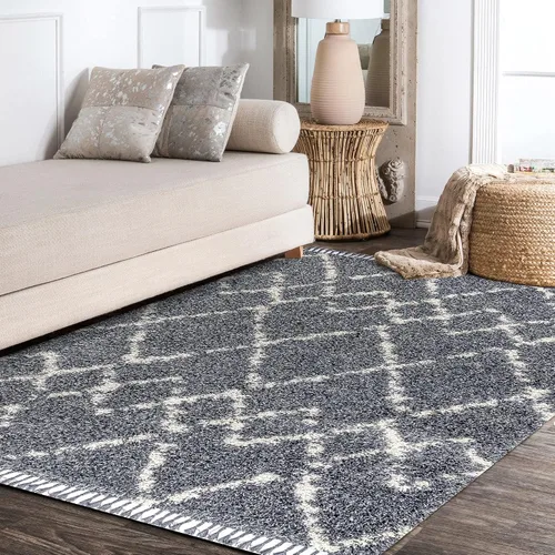 Miniatura 5 de Eyely RCM102A-28 Mercer SHAG - Alfombra de pasillo para interiores con borlas, marroquí, tribal, geométrica, enrejado, contemporánea; bohemio, Azul