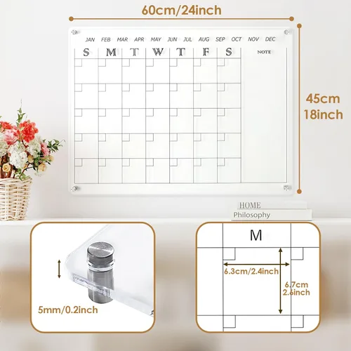Miniatura 2 de MAKELLO Calendario Acrílico para Pared de 24" x 18", Calendario Transparente de Borrado en Seco para Oficina, Escuela, Hogar, Dormitorio, 4