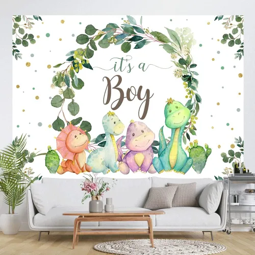 Miniatura 4 de Fondo de 7 x 5 pies con texto en inglés "It's a Boy" para baby shower, dinosaurio, cactus y hojas de eucalipto, fondo para fotografía, suministros