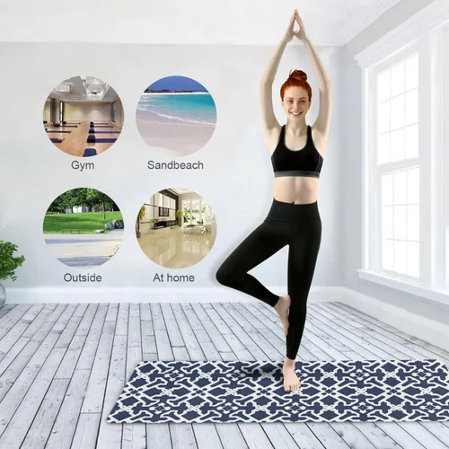 Miniatura 8 de Tapete de yoga con patrón de cuadros oscuros con bolsa incluida, tapete de entrenamiento antideslizante, tapete de yoga de goma de gamuza plegable