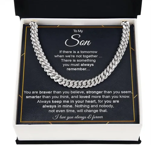 Miniatura 2 de Collar de cadena de eslabones cubanos con texto en inglés To My Son From Mom para niños, regalo personalizado para hijo de padre y madre, collares