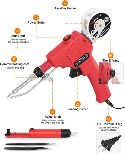 Miniatura 4 de Kit de soldador 6 en 1, pistola de soldadura automática profesional de 60 W 110 V, kit de pistola de soldadura de mano con bomba desoldadora, Rojo