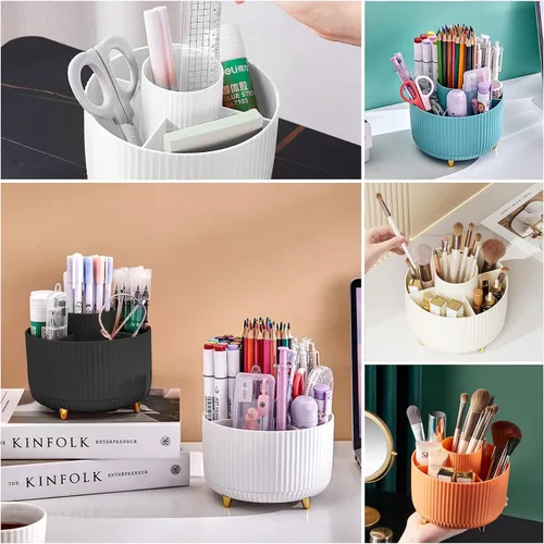 Miniatura 4 de DASITON Soporte para brochas de maquillaje de gran capacidad, organizador de maquillaje giratorio de 360°, 5 ranuras para brochas de maquillaje