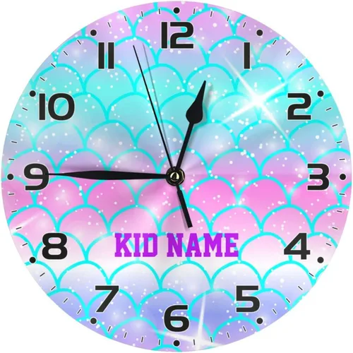 Miniatura 9 de Reloj de pared personalizado con escamas de sirena coloridas y estrellas de mar para habitación de niños, reloj de pared personalizado con nombre