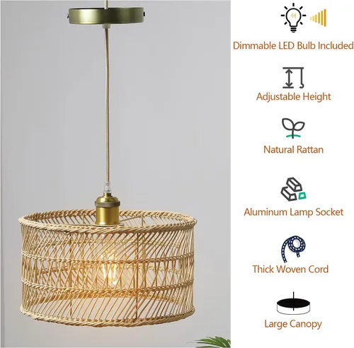 Miniatura 3 de HOONEX Candelabro de ratán, lámparas de techo de ratán, lámpara colgante de mimbre de 12.4 pulgadas para comedor, dormitorio, isla de cocina, natural