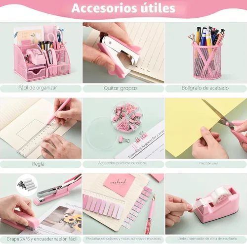 Miniatura 4 de Fayoo Juego de 11 piezas de suministros de oficina rosa, kit de accesorios organizador de escritorio de malla que incluye grapadora, dispensador