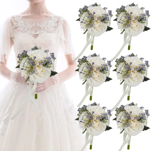 Miniatura 9 de Ramos de boda de rosas blancas para novia y dama de honor, tela de alta calidad, arreglos florales de eucalipto para boda, adecuados para despedida